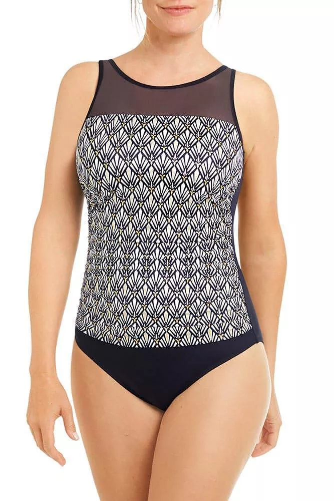 Amoena Be Elegant High Neck Blouson Swimsuit - Black/White Hugs/Gold