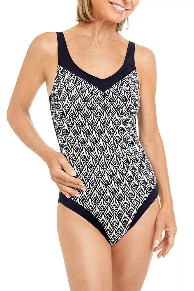Amoena Be Elegant One Piece Swimsuit - Black/White Hugs/Gold