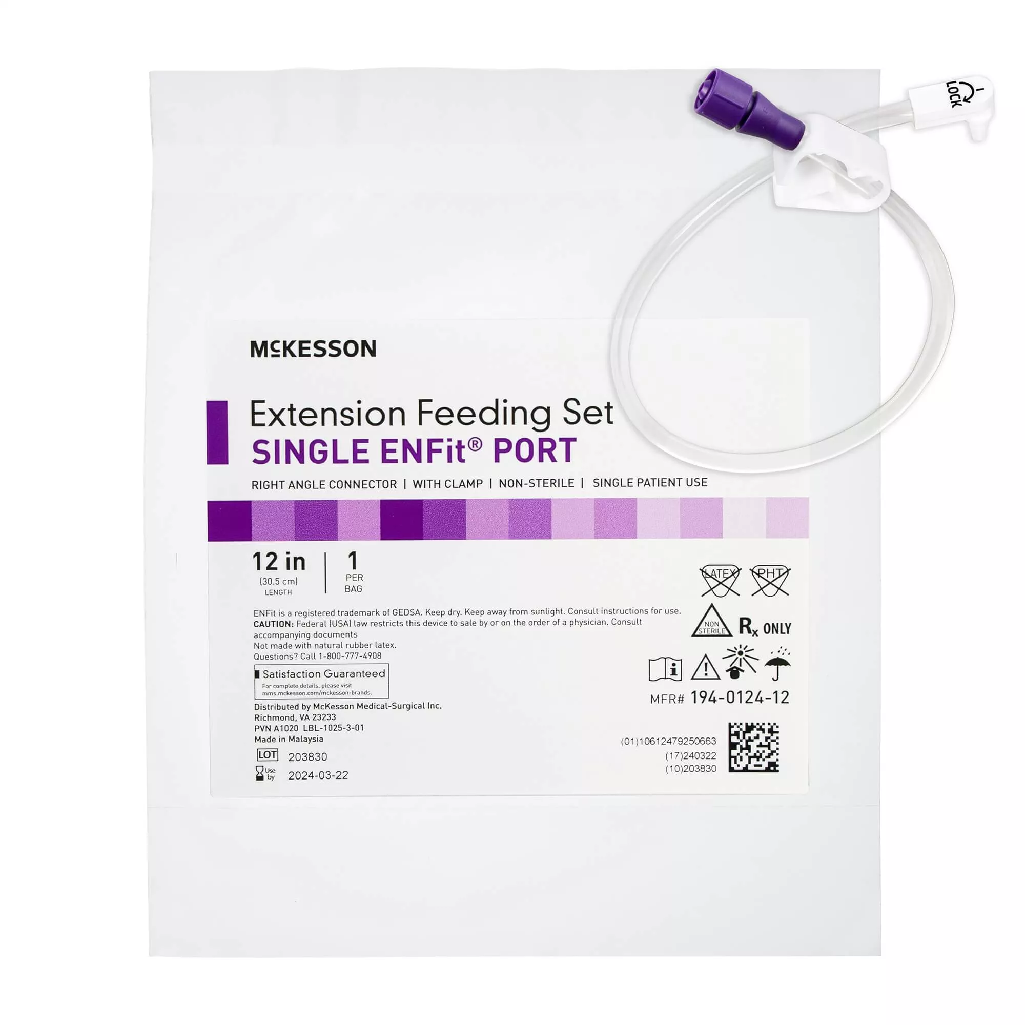 McKesson Bolus Extension Feeding Tube Set, Single Enfit Port – 12 Inch Length