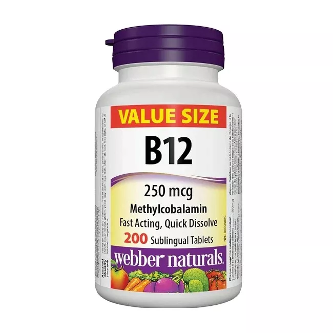 Webber Naturals Vitamin B12 250 mcg Methylcobalamin Natural Cherry Flavour 200 Tablets